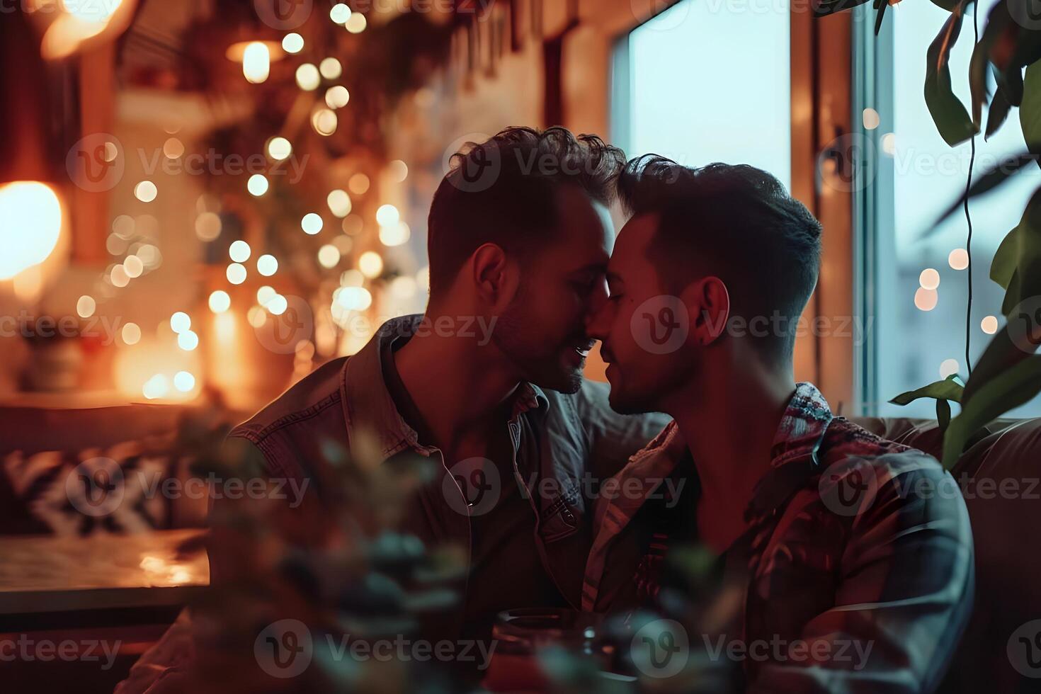 ai generado hermosa gay Pareja en cafetería. foto