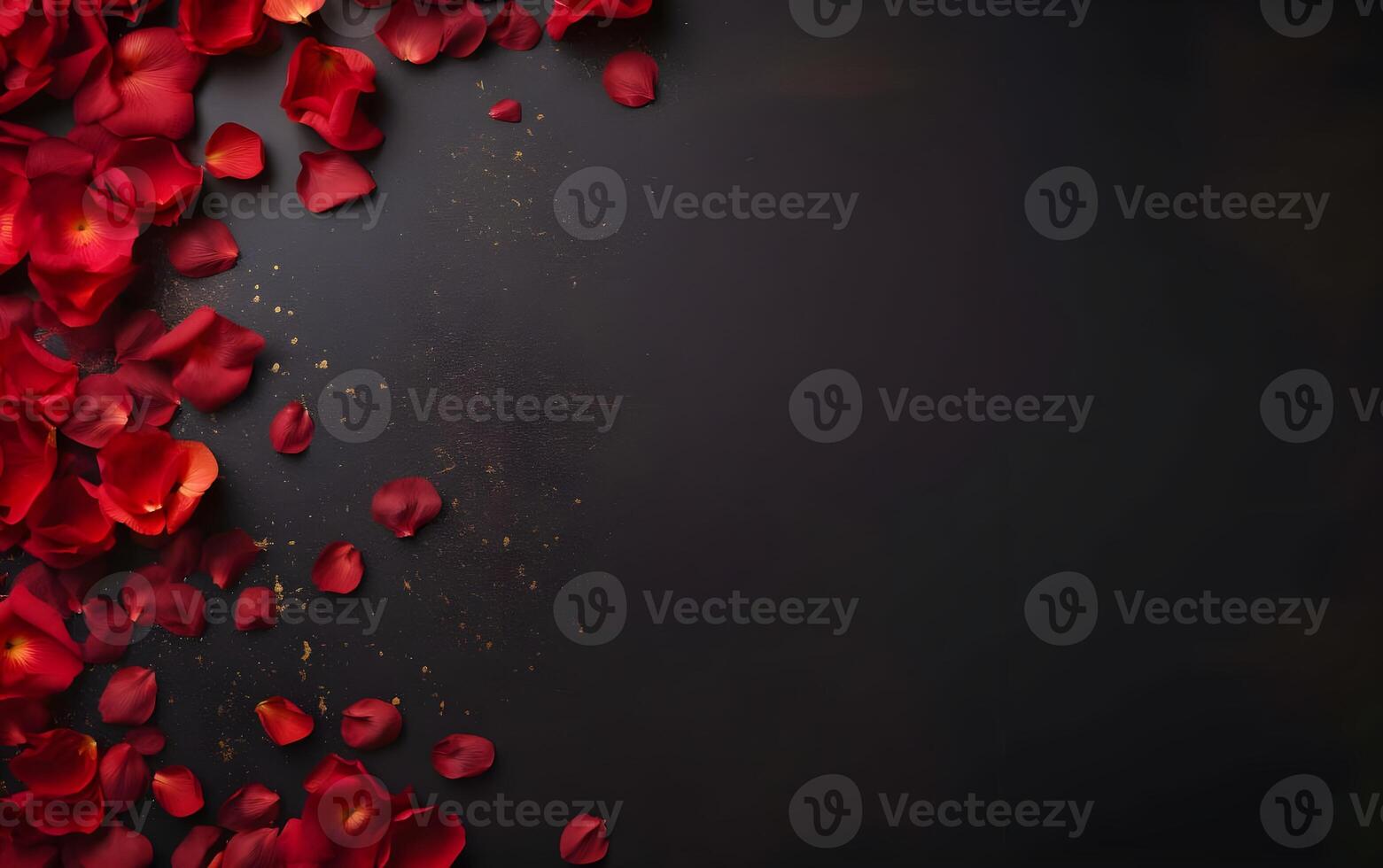 AI generated Red rose petals on black background. Valentines day background, flat lay photo
