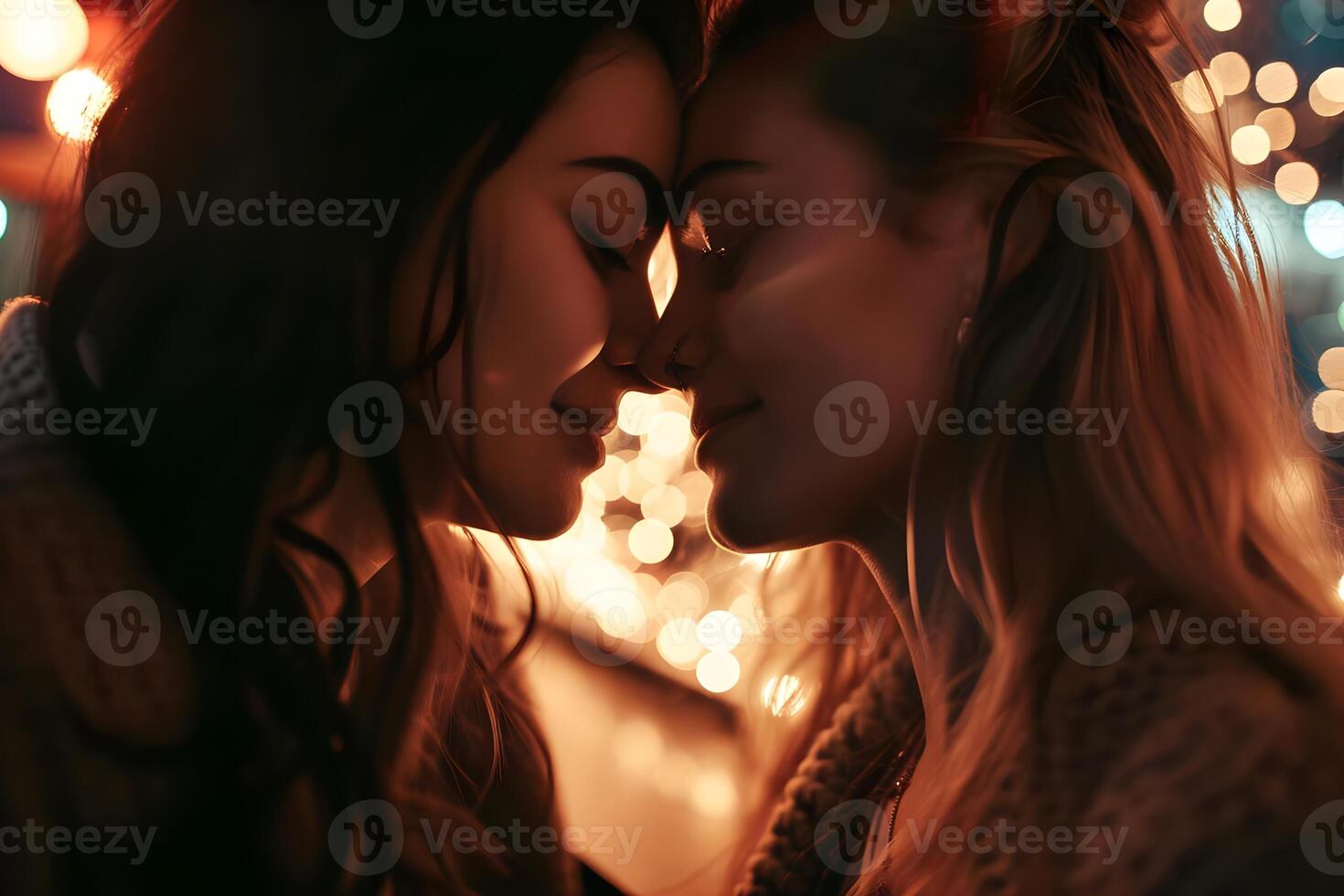 AI generated Closeup portrait of two beautiful young women in love embracing each other photo