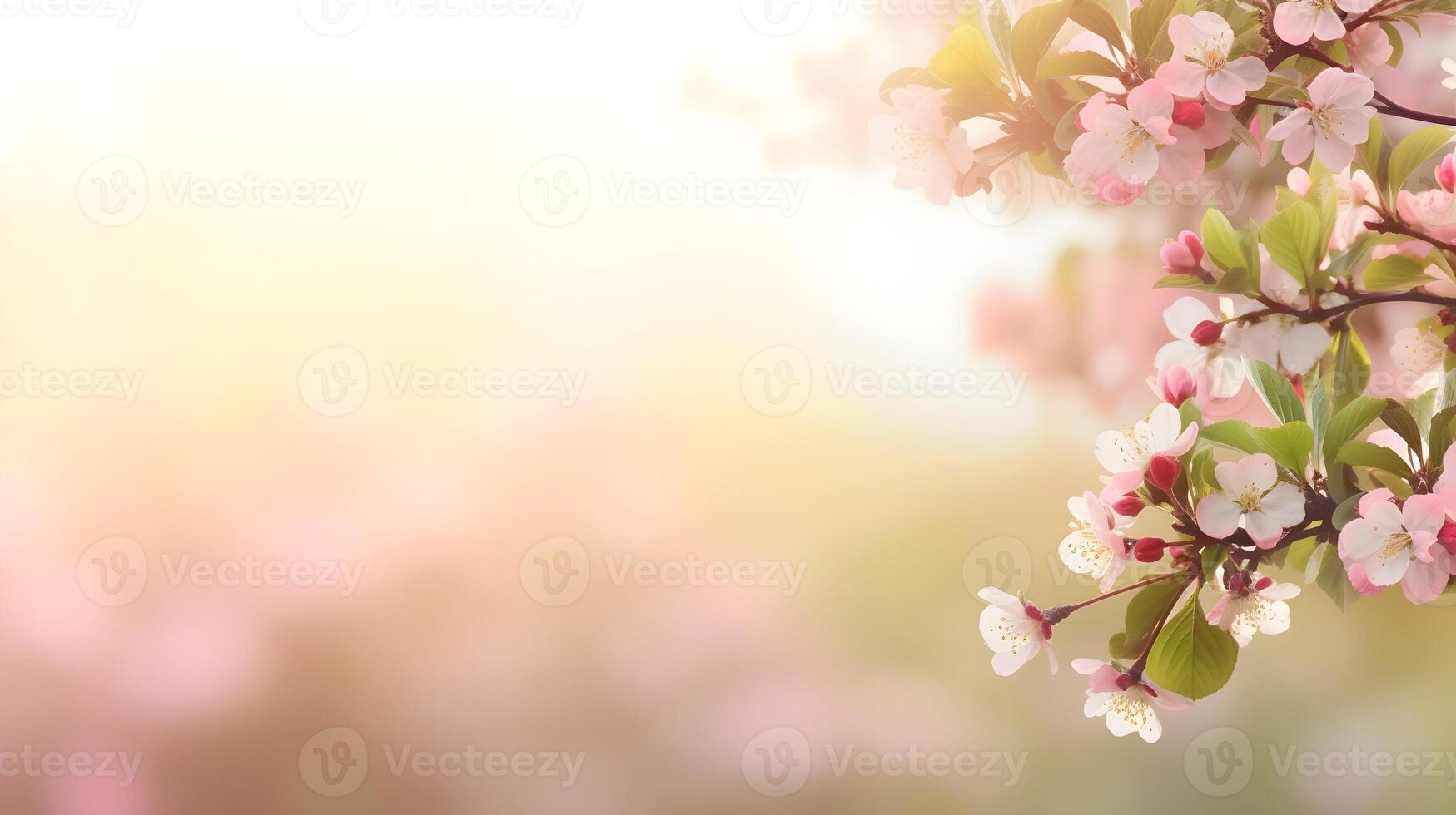 AI generated Spring background with blooming cherry, copy space. photo