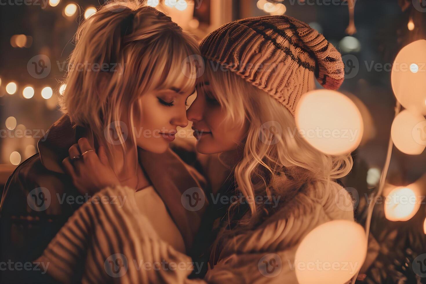 AI generated Portrait of two beautiful young women in warm clothes hugging each other and looking at each other. photo