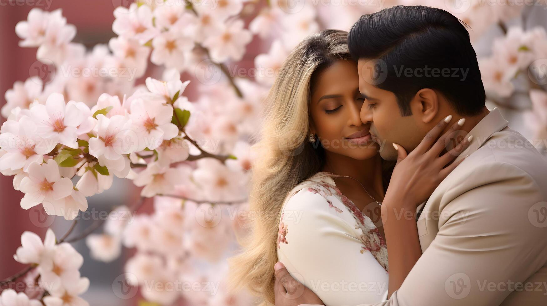 AI generated Bride and groom under a beautiful flowering tree. photo