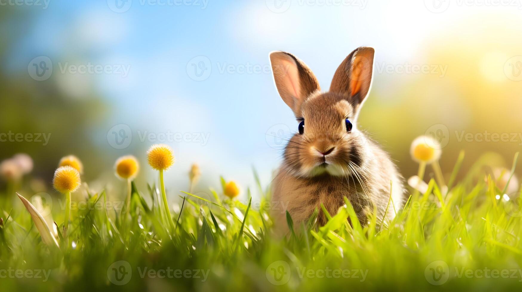 AI generated Cute little rabbit in the grass with dandelions on a sunny day. photo