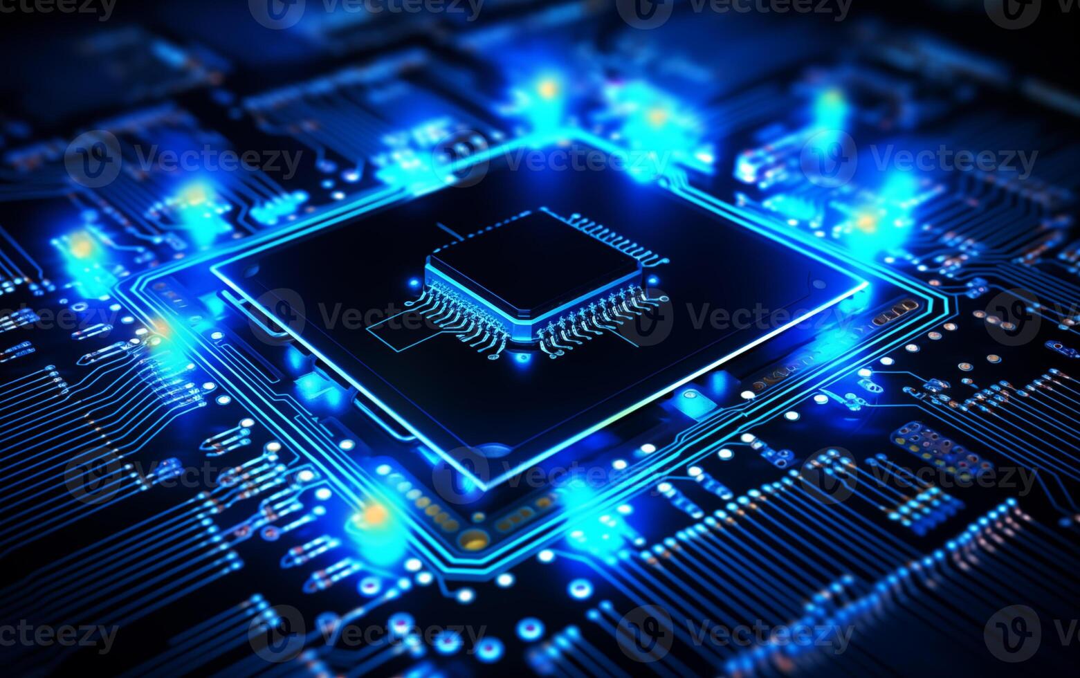 AI generated Cpu with microcircuit on circuit board background. photo
