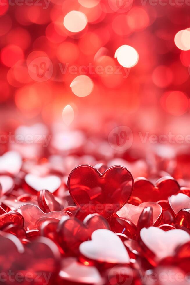 AI generated Valentine's day background with red hearts and bokeh. photo