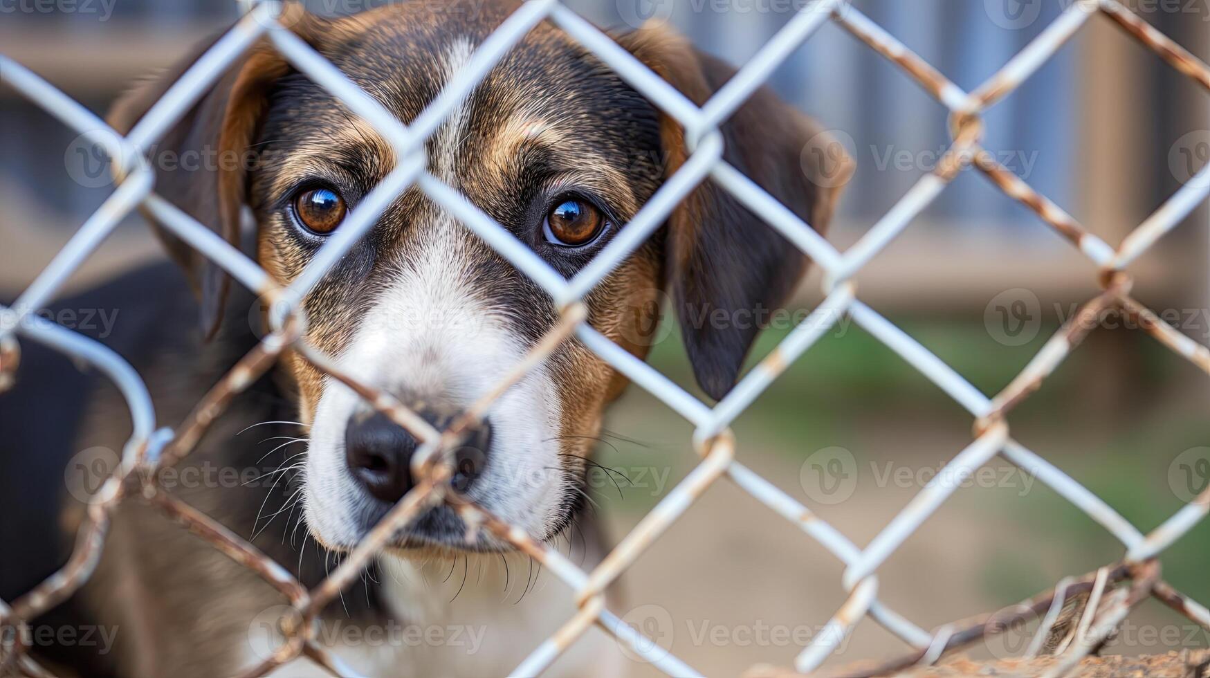 AI generated A dog in a shelter in a cage. Portrait of a small dog behind bars. Copy space. photo