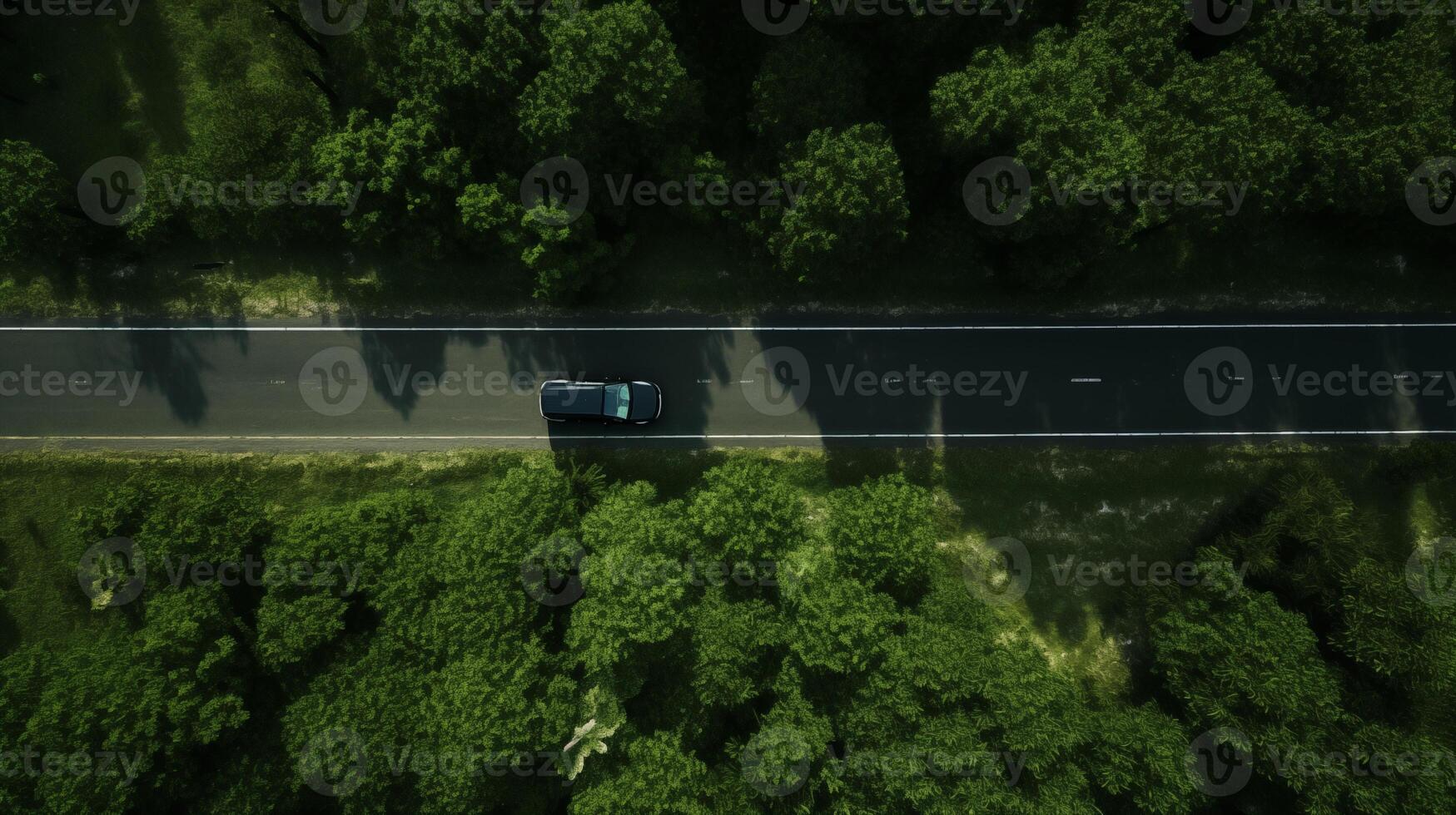 ai generado el la carretera mediante el bosque es impulsado por uno coche. minimalismo, parte superior vista. viaje Entre ciudades horizontal formato. foto