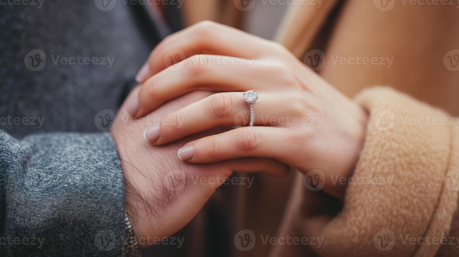 AI generated Hands of a couple with an engagement ring. Macro photography. Copy space. Horizontal format. photo