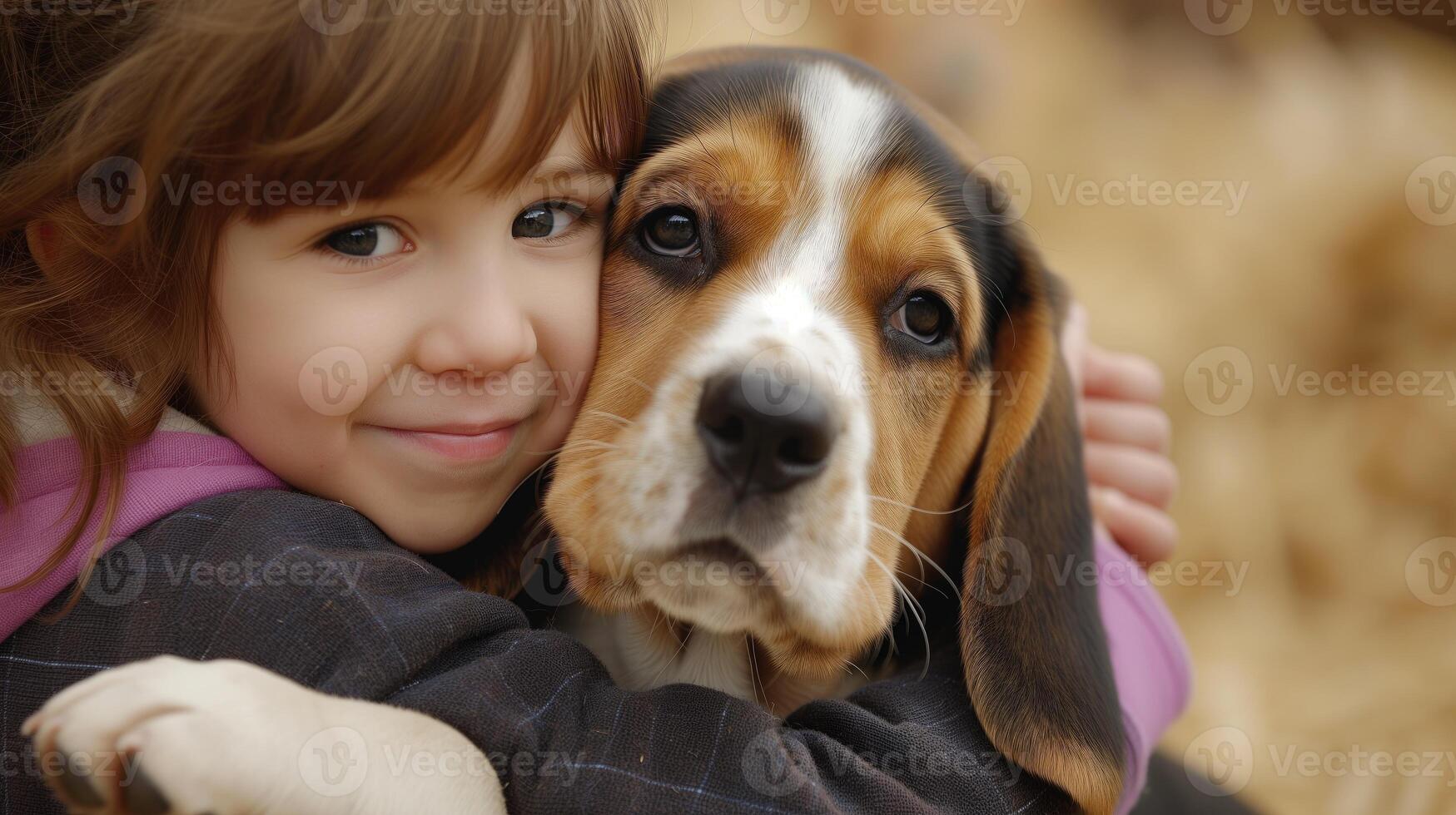 AI generated A girl hugs her dog. Dog of the basset hound breed. Copy space. photo