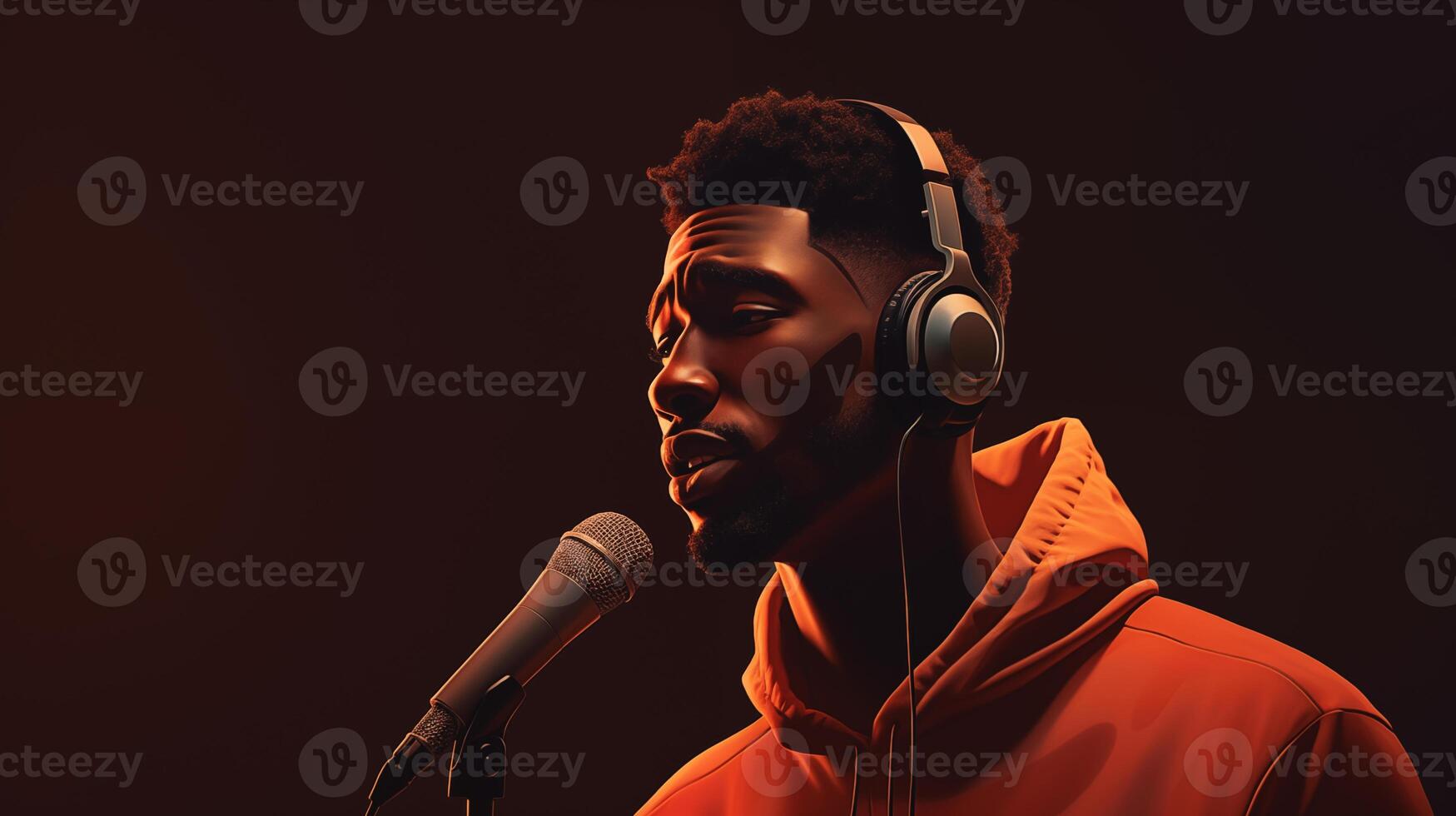 AI generated African American singer in an orange sweatshirt with a microphone on a dark background. Copy space. Photo for banner.