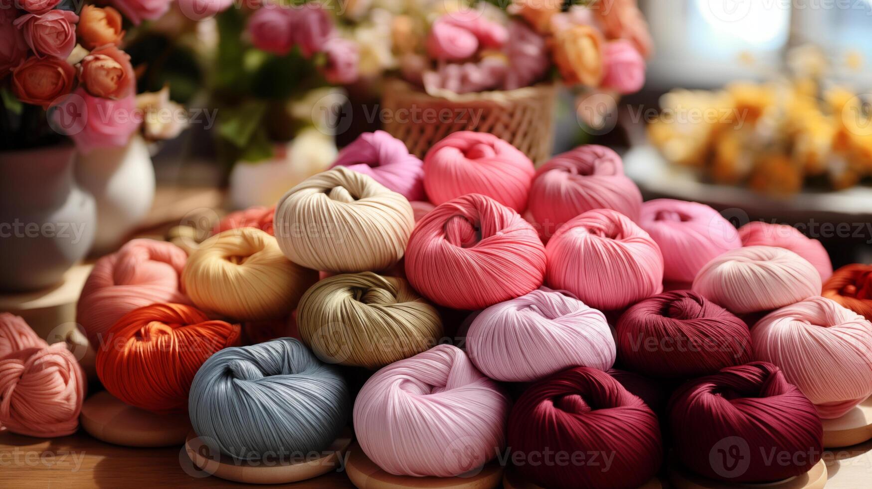 AI generated Threads for knitting and embroidering handicrafts of different colors on wooden stands. Gentle colors. Photo for banner.