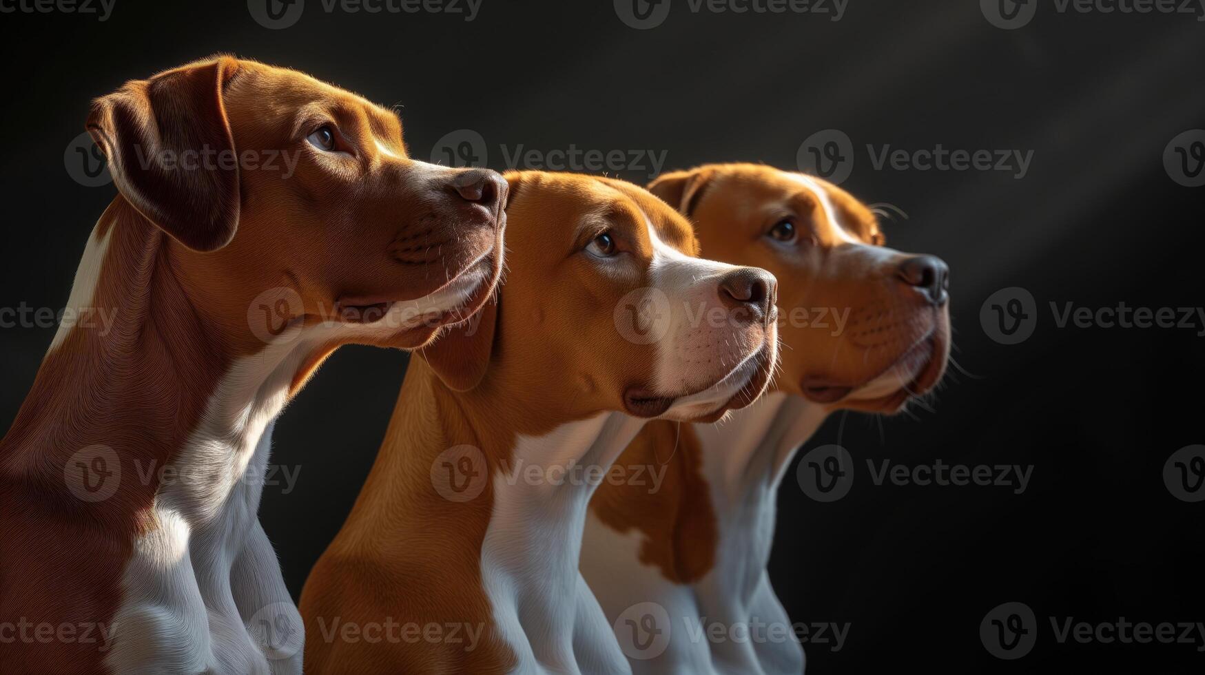 AI generated Three Beagle dogs in a row in profile. Studio light dark background. Copy space. photo