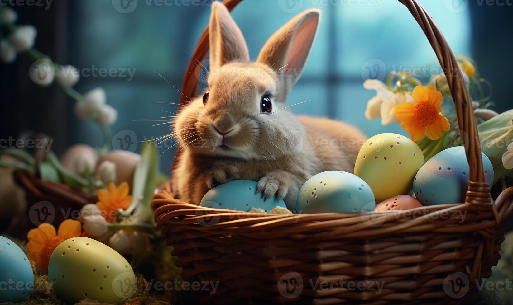 Easter bunny with a basket of colorful eggs. Created by artificial intelligence. photo