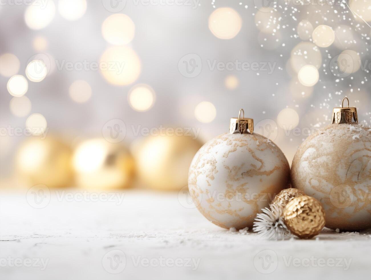 AI generated Silver Christmas balls with a gold pattern and gold pine cones on the snow. AI Generative photo