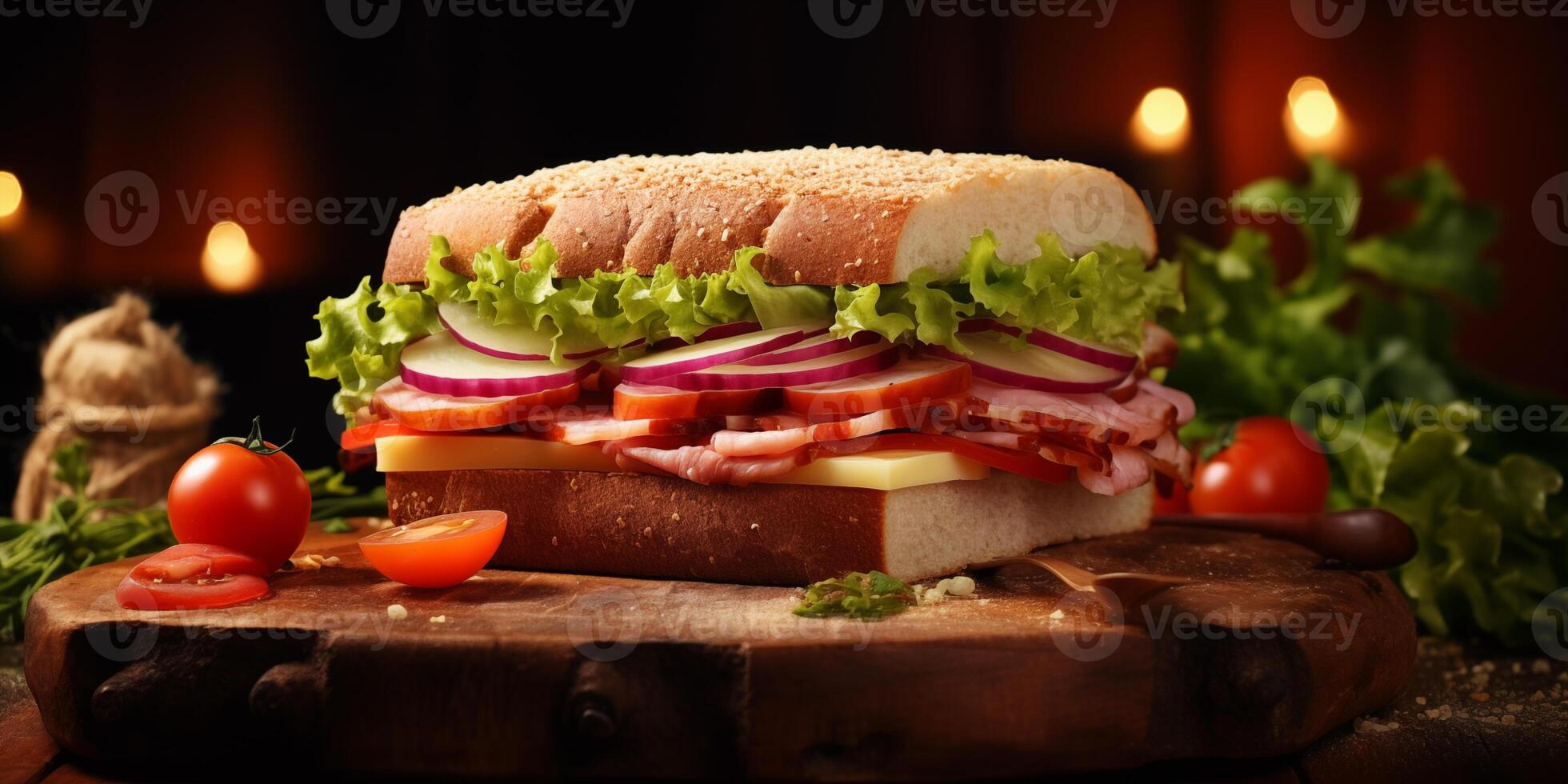 AI generated A sandwich of dark bread with salad, bacon, tomatoes, cheese and onions. Fast food. AI Generative photo