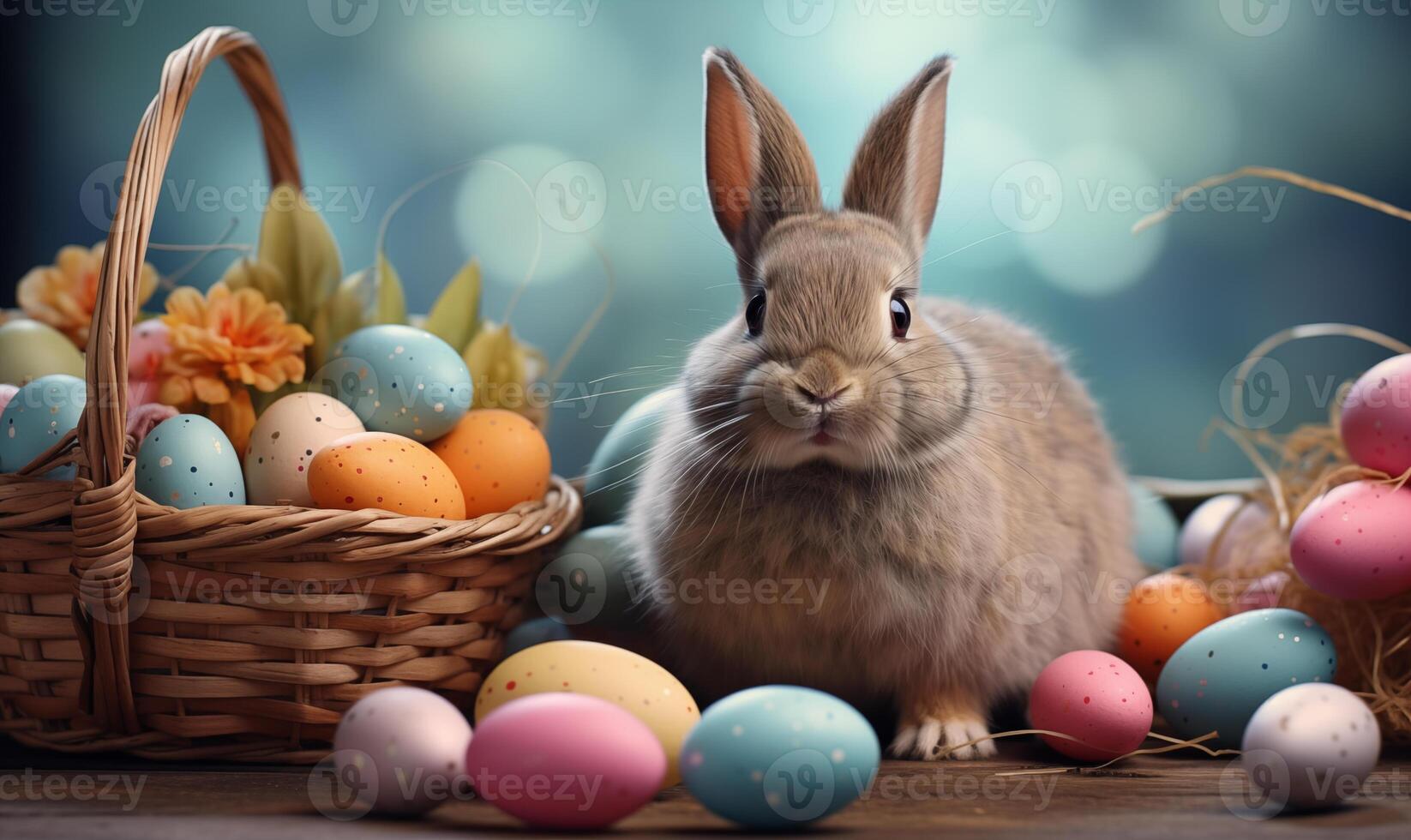 AI generated Easter bunny with a basket of colorful eggs. Created by artificial intelligence. photo