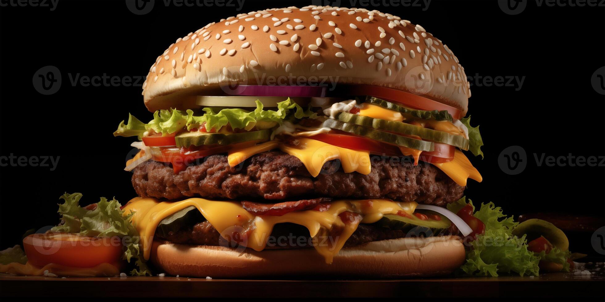 AI generated Tasty big hamburger featuring succulent beef patties and melted cheese. AI Generative photo