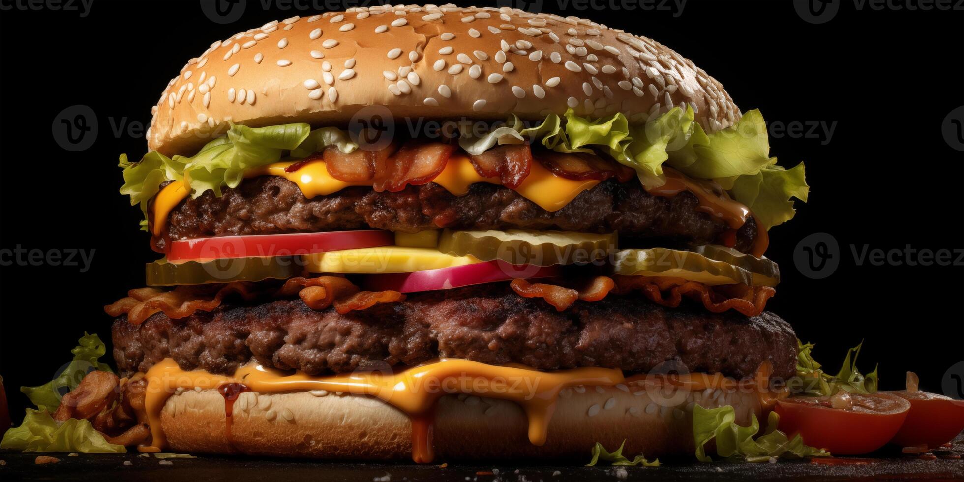 AI generated Delicious juicy burger with meat beef cutlets, cheese, greens, and sesame seed buns. Fast food. AI generated. photo