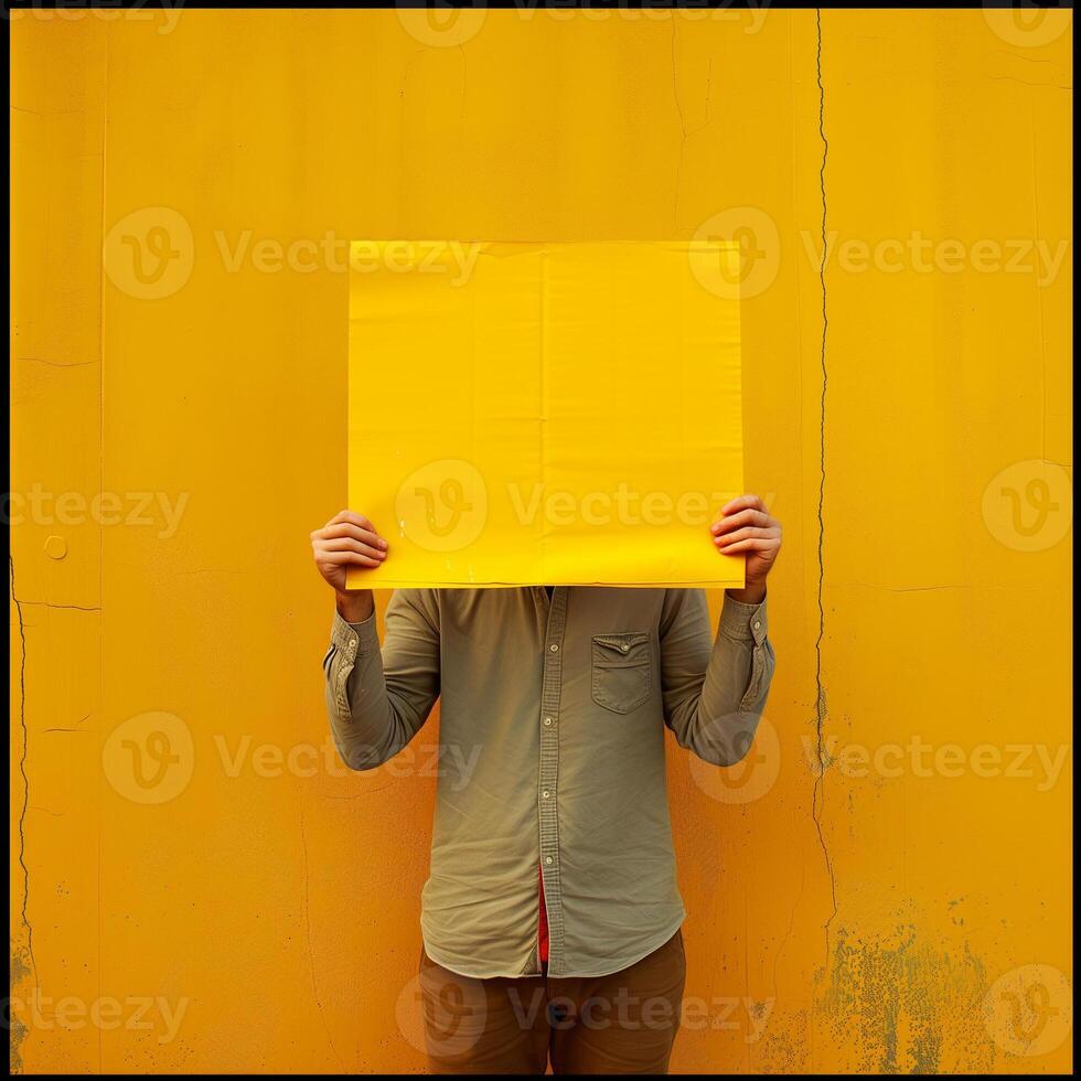 AI generated A man holding up a sheet of yellow paper. Generated by artificial intelligence. photo