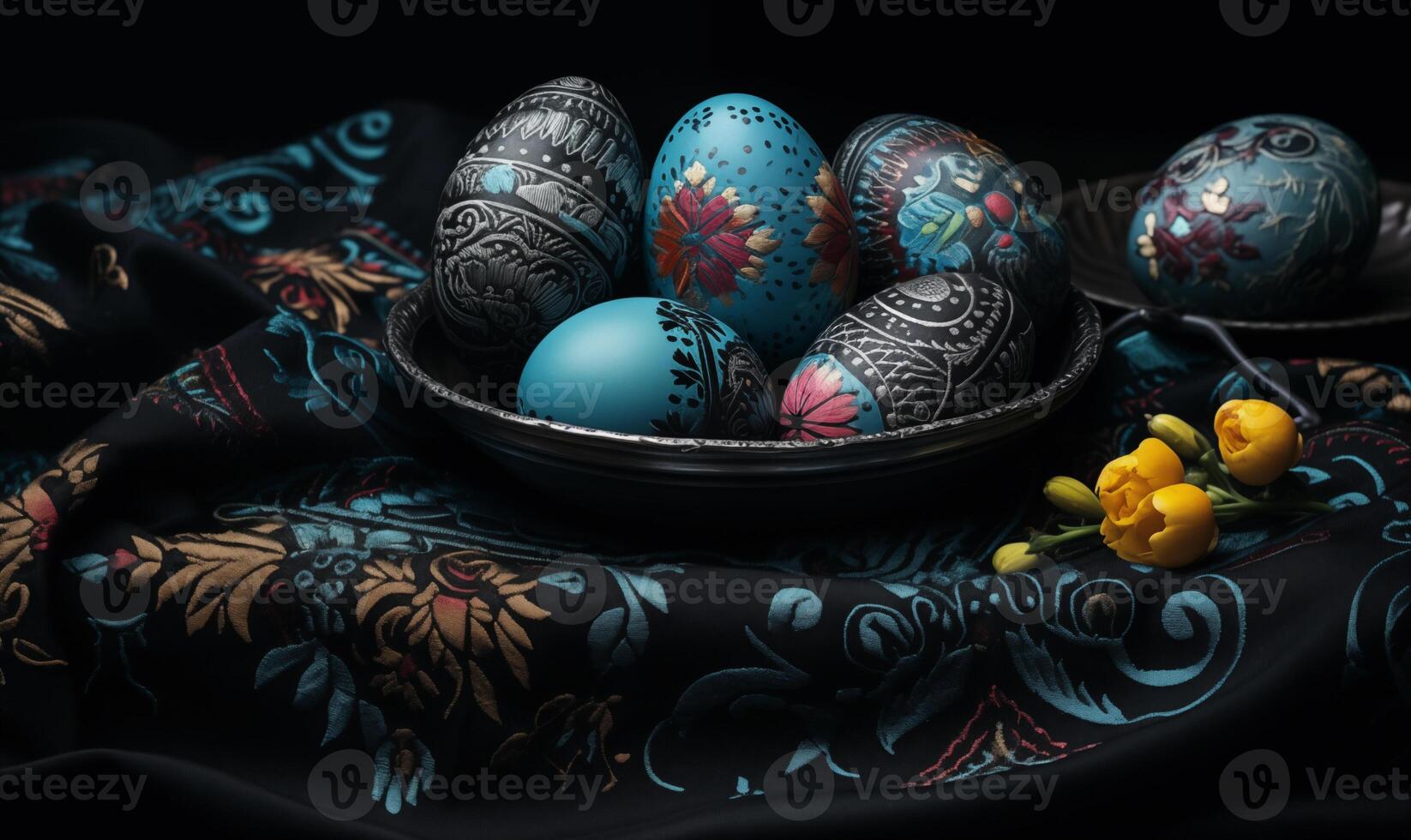 AI generated Painted Easter eggs on a plate on a dark table. Generated by artificial intelligence. photo