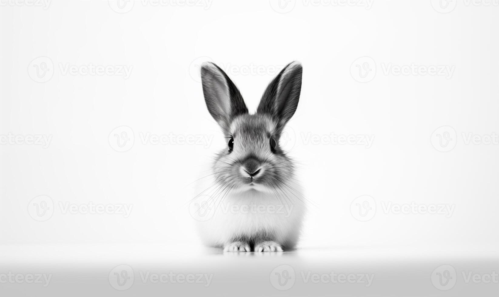 AI generated Cute fluffy black and white rabbit on a light background. Generated by artificial intelligence. photo