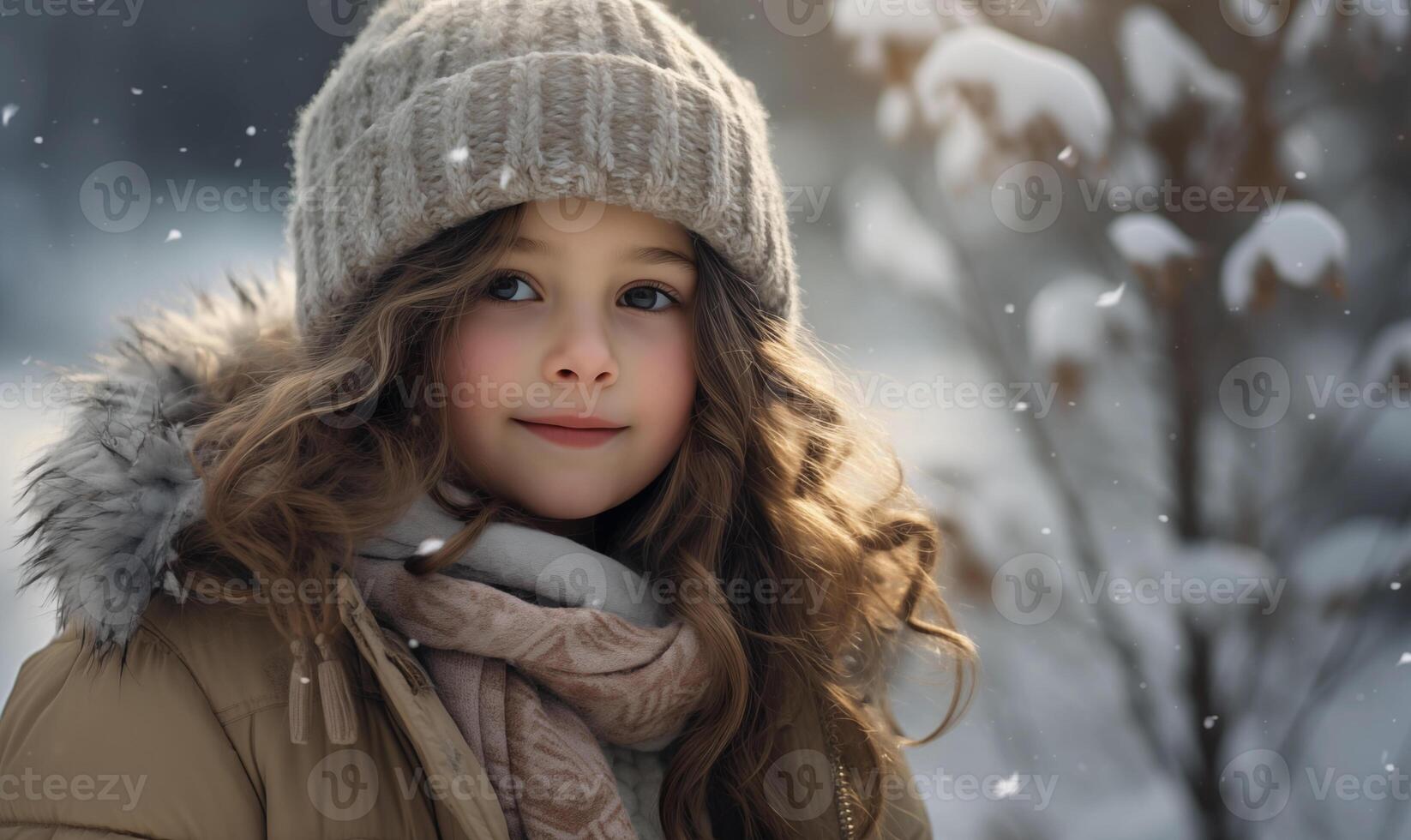 AI generated A child dressed in winter for her winter photo session. Generated by artificial intelligence.