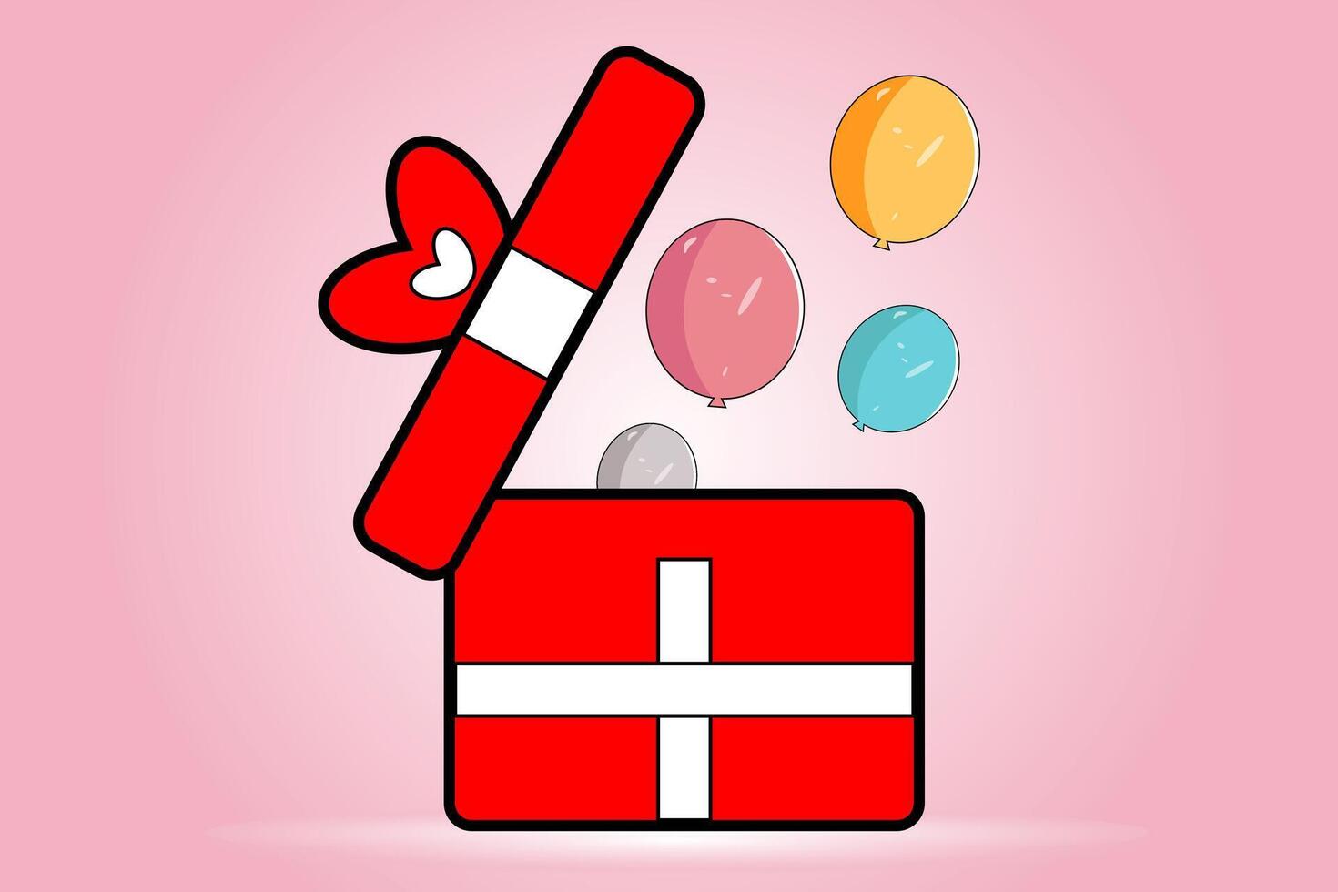 regalo caja apertura y flotante fuera globos sorpresa idea vector. rojo regalo caja con cinta desembalaje cubrir. concepto de san valentin día, Boda aniversario, cumpleaños, nuevo año antecedentes. vector