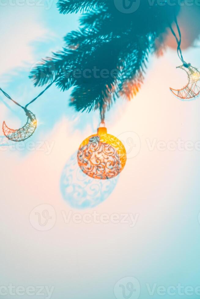 Christmas ball on Christmas tree, creative photo, new year, christmas photo