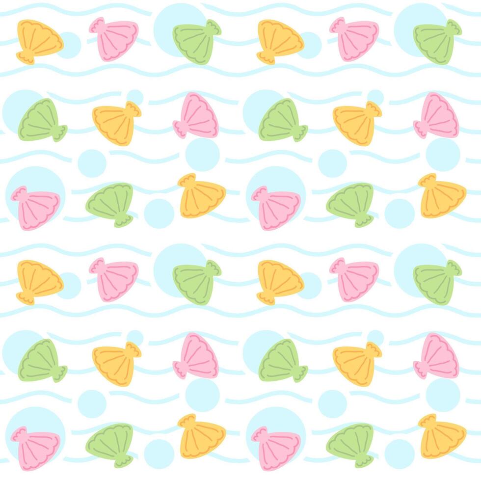 Summer seamless pattern with colorful shells, sea, waves background vector