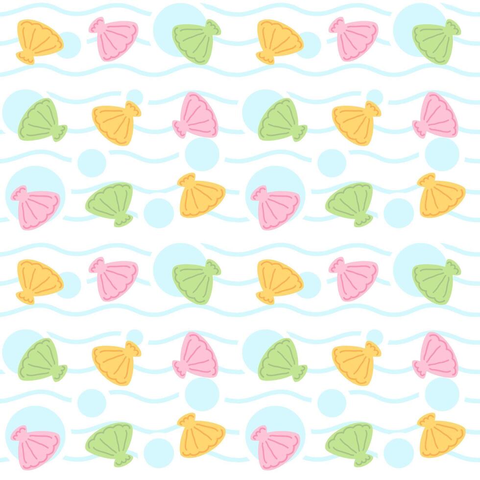 Summer seamless pattern with colorful shells, sea, waves background vector