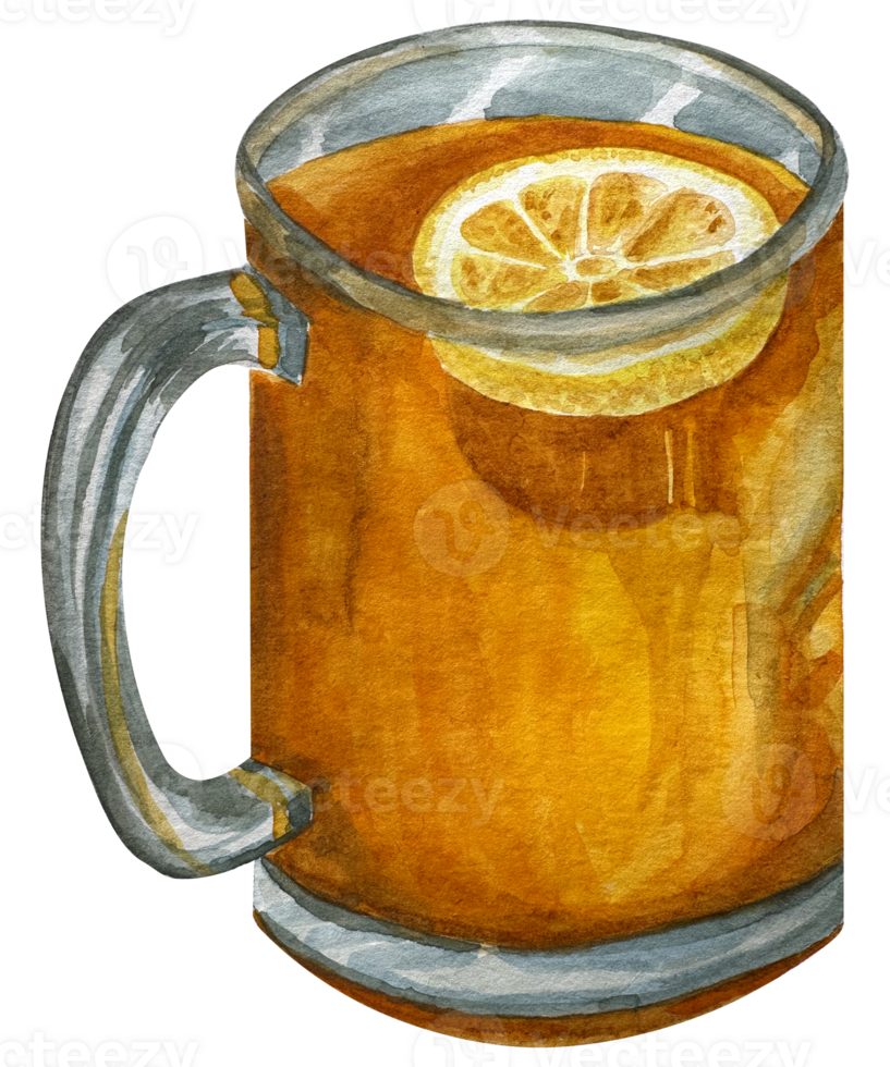 acuarela ilustración de ruso té con vaso y ingredientes mar espino cerval canela palo y limón. Navidad beber. cóctel en un vaso. png