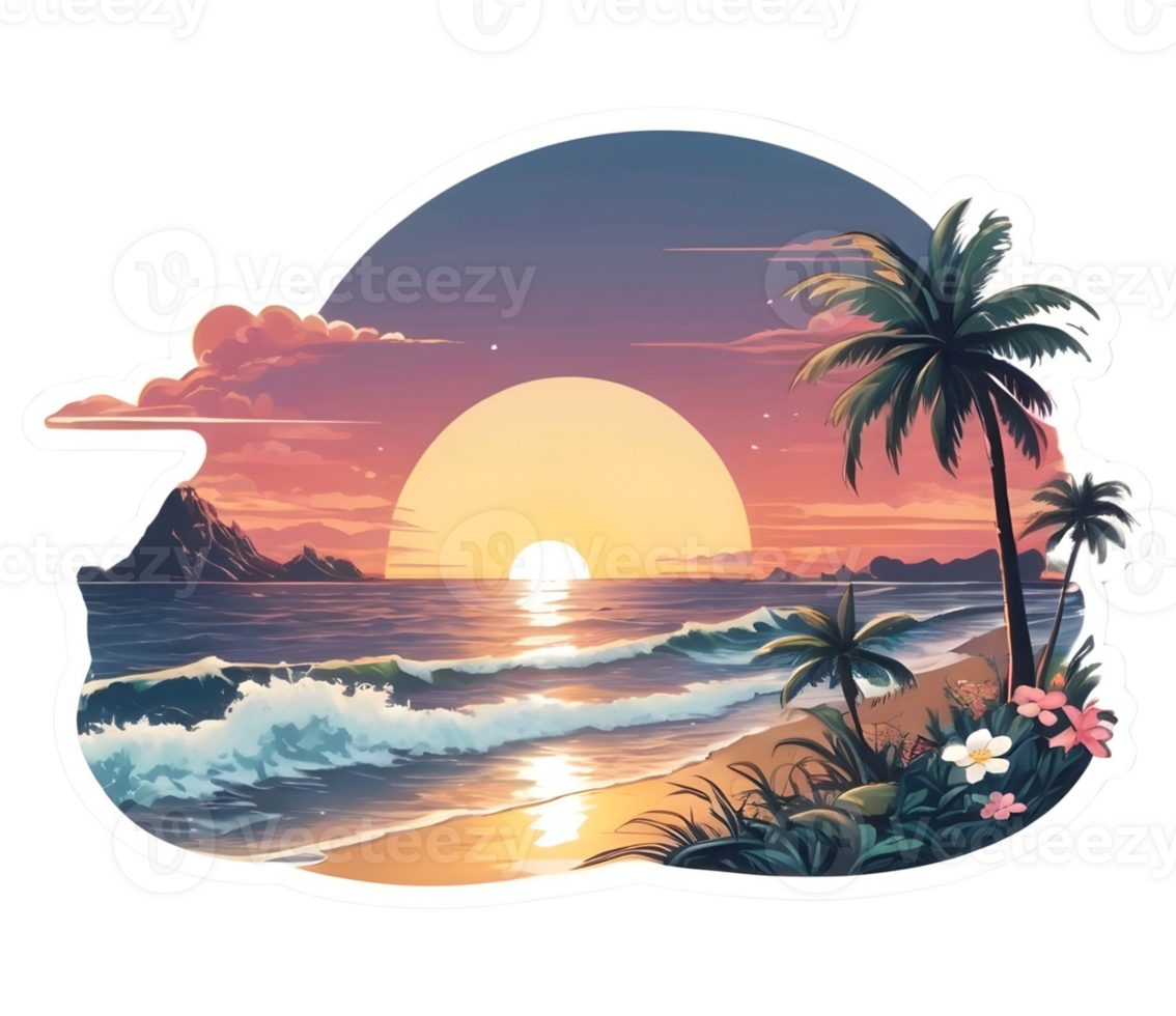 AI generated beach scenes with sunset scenes in sticker style for t-shirt images ready to print png