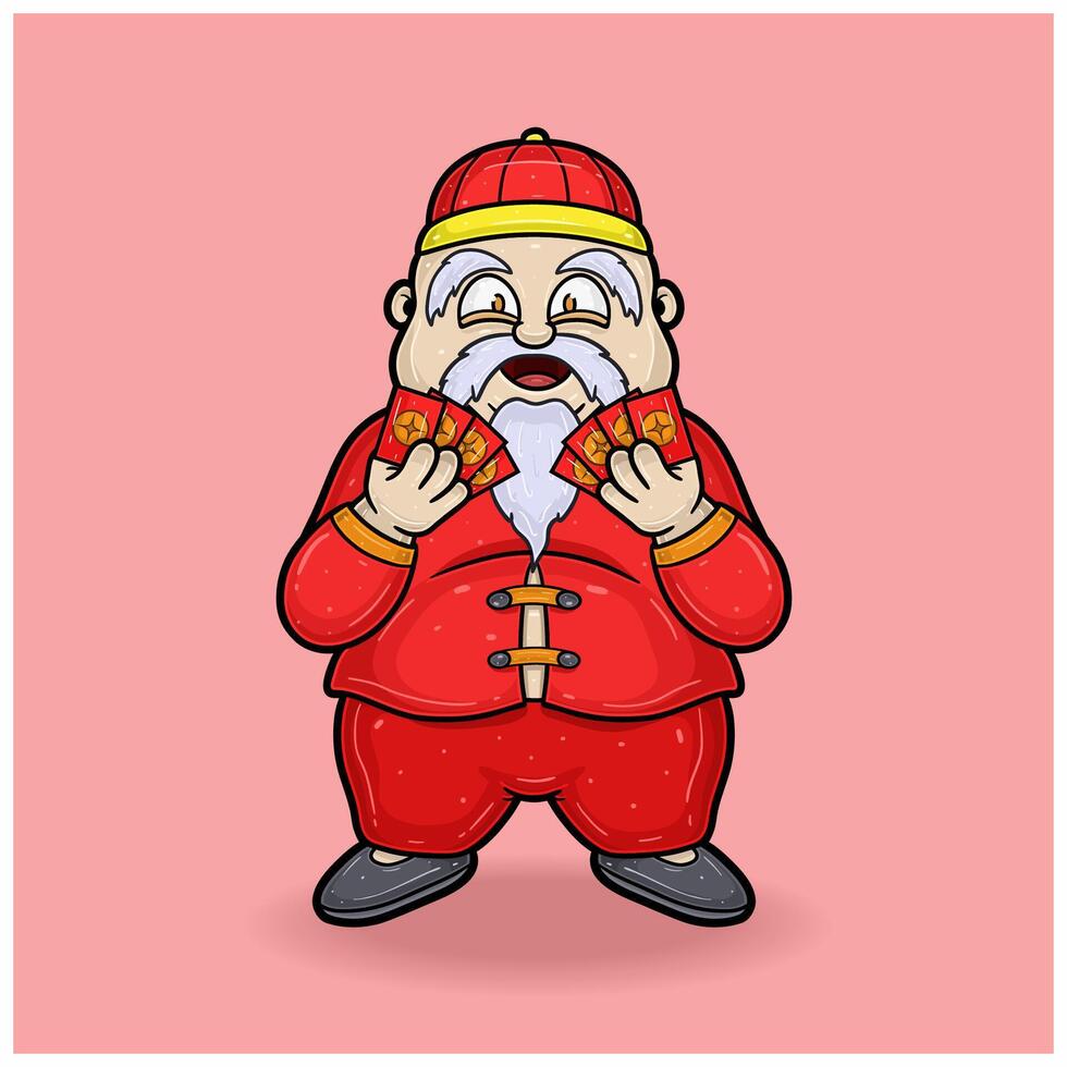 chino nuevo año dibujos animados con antiguo grasa hombre traer rojo sobre. vector