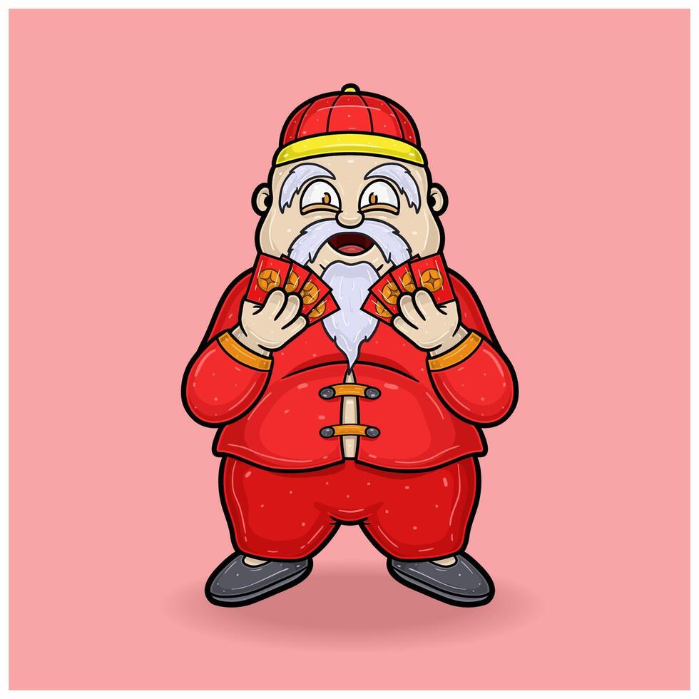 Chinese New Year Cartoon With Old Fat Man Bring Red Envelope. vector