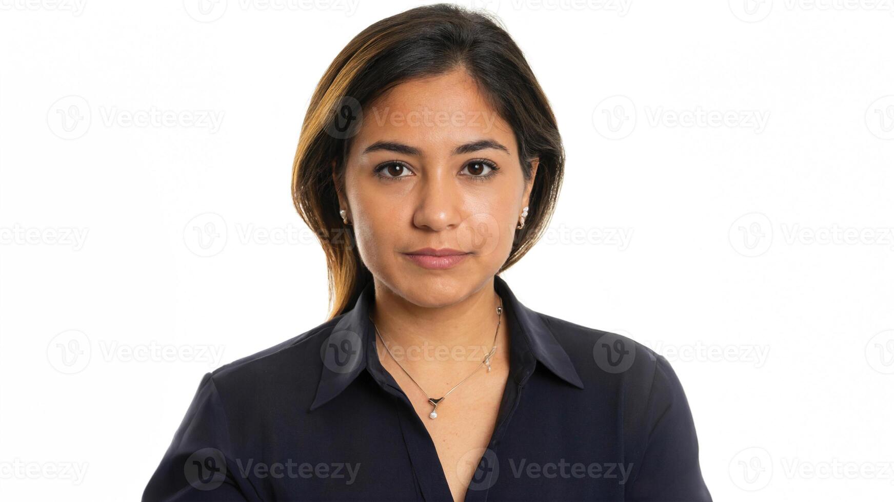 AI generated Confident woman, black hairs, black eyes. Isolated on white background. Generated AI tool used. photo