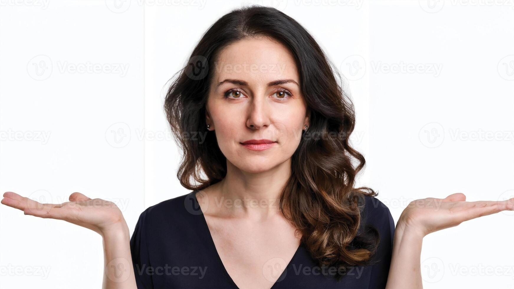 AI generated Woman with curly hair, wearing a navy dress, gestures with her hands out, expressing uncertainty, against a white background. photo