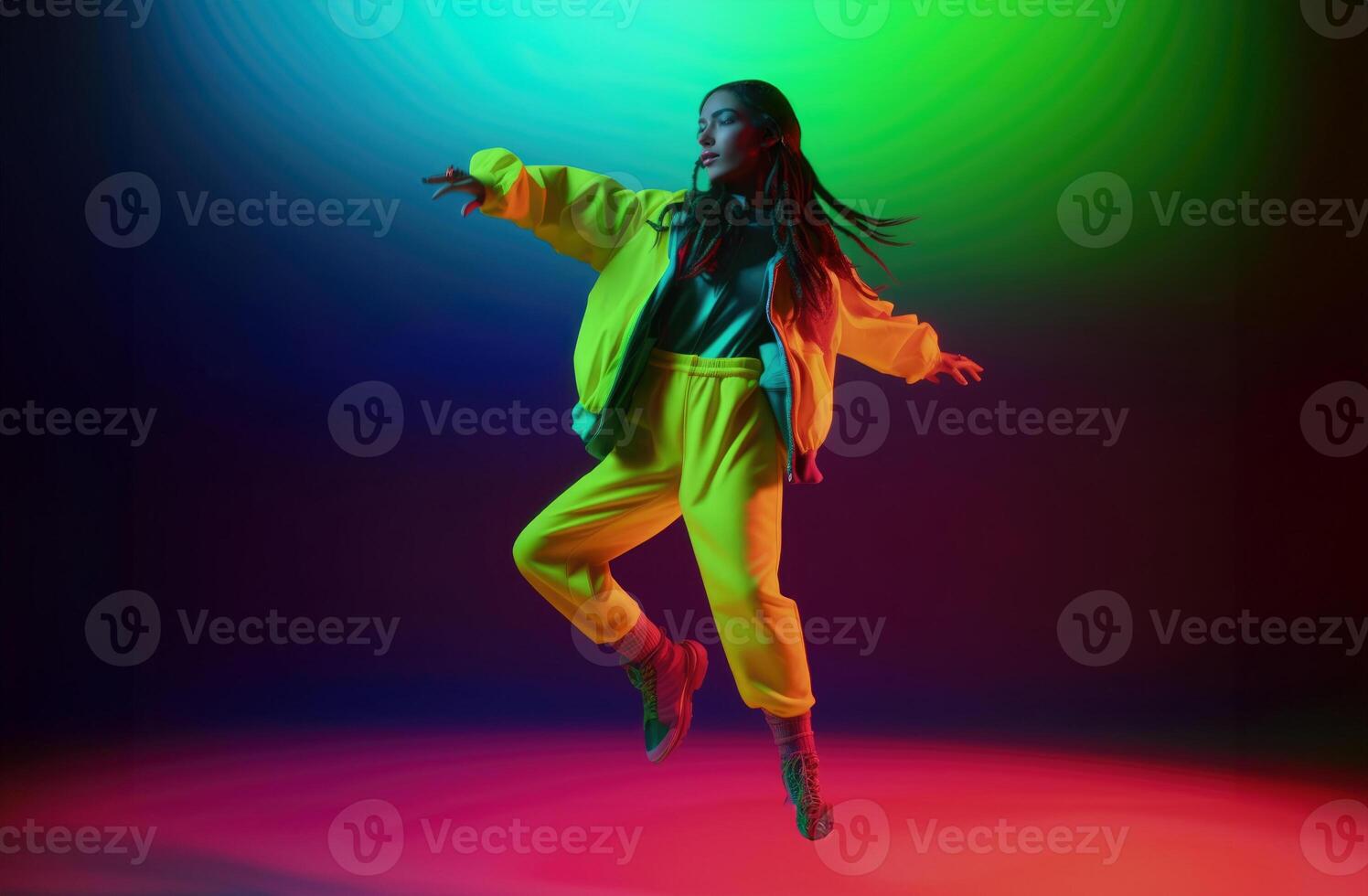 AI Generated Woman dancing on vibrant background photo