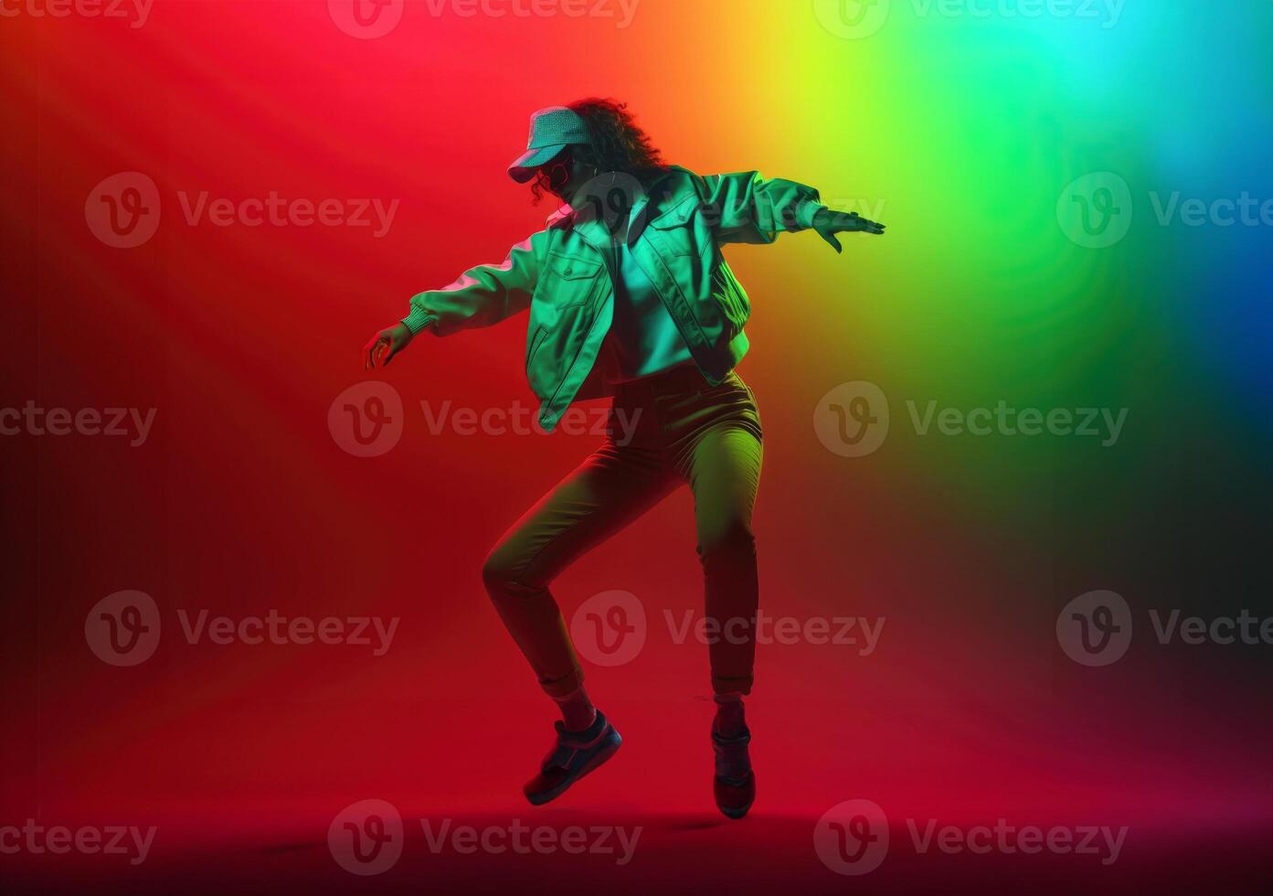 AI Generated Woman dancing on vibrant background photo