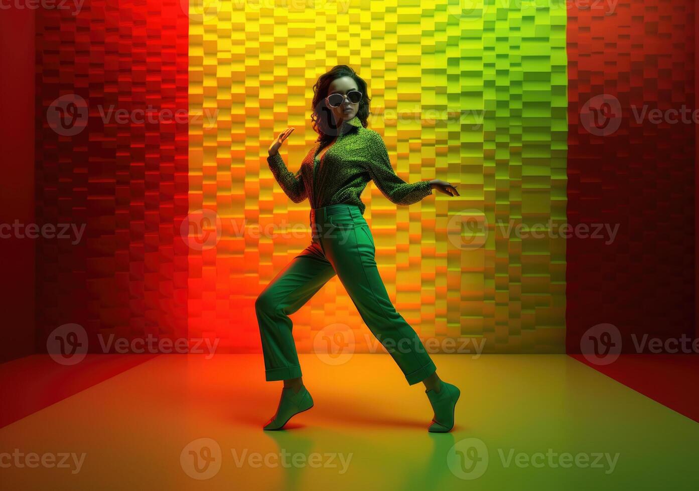 AI Generated Woman dancing on vibrant background photo