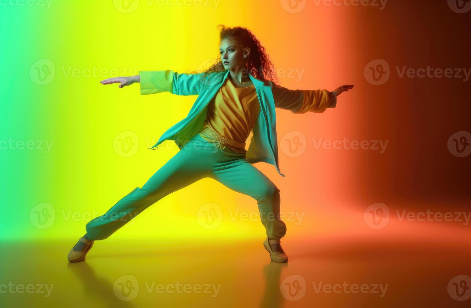 AI Generated Woman dancing on vibrant background photo