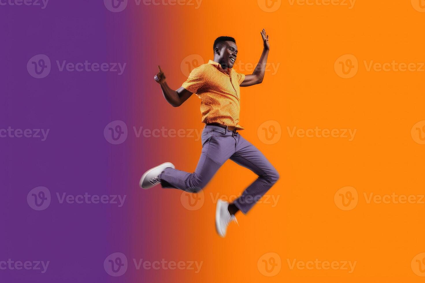 AI Generated Young african man dancing on purple background photo