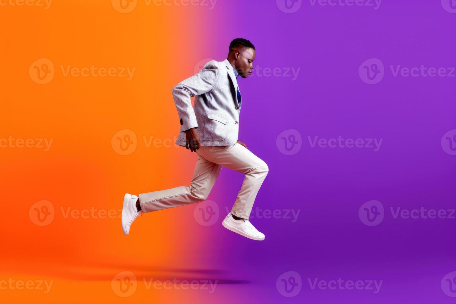 AI Generated Young energetic african man with sunglasses jumps on purple background photo