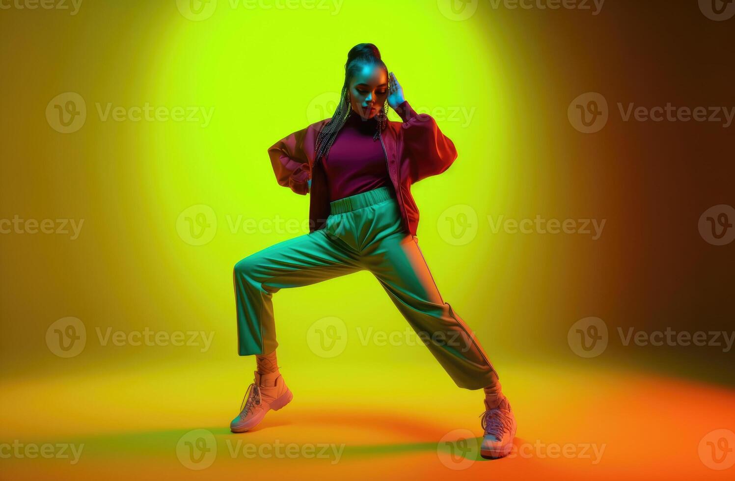 AI Generated Woman dancing on vibrant background photo