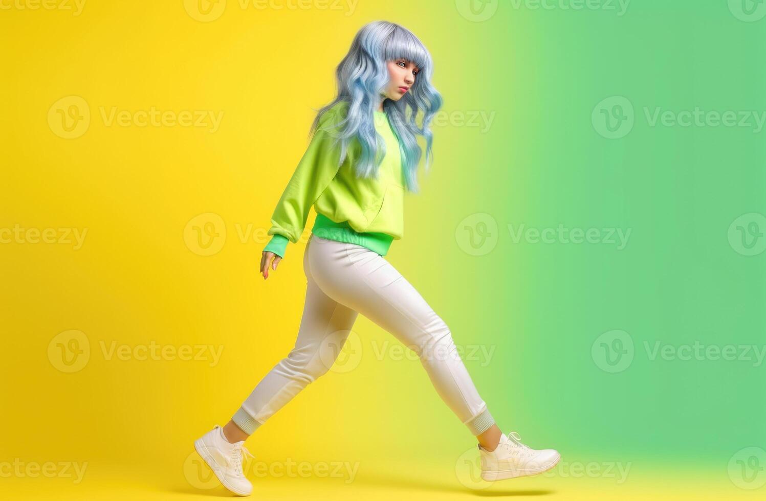 AI Generated Girl dance in colorful sneakers on yellow and light green background photo