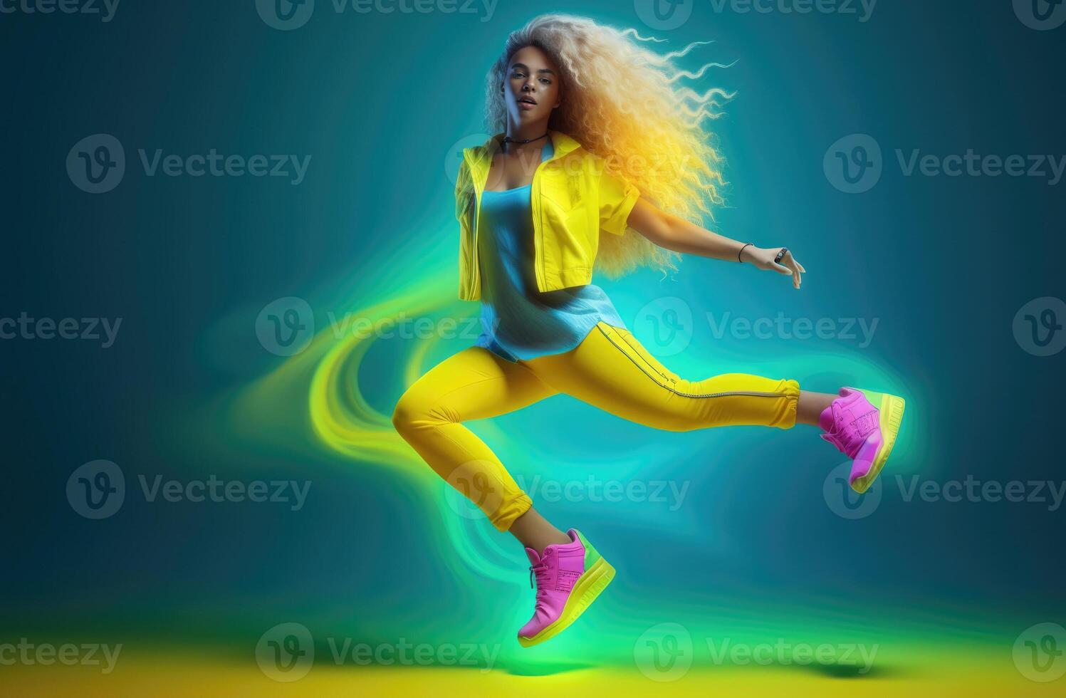 AI Generated Girl dance in colorful sneakers on yellow and light green background photo