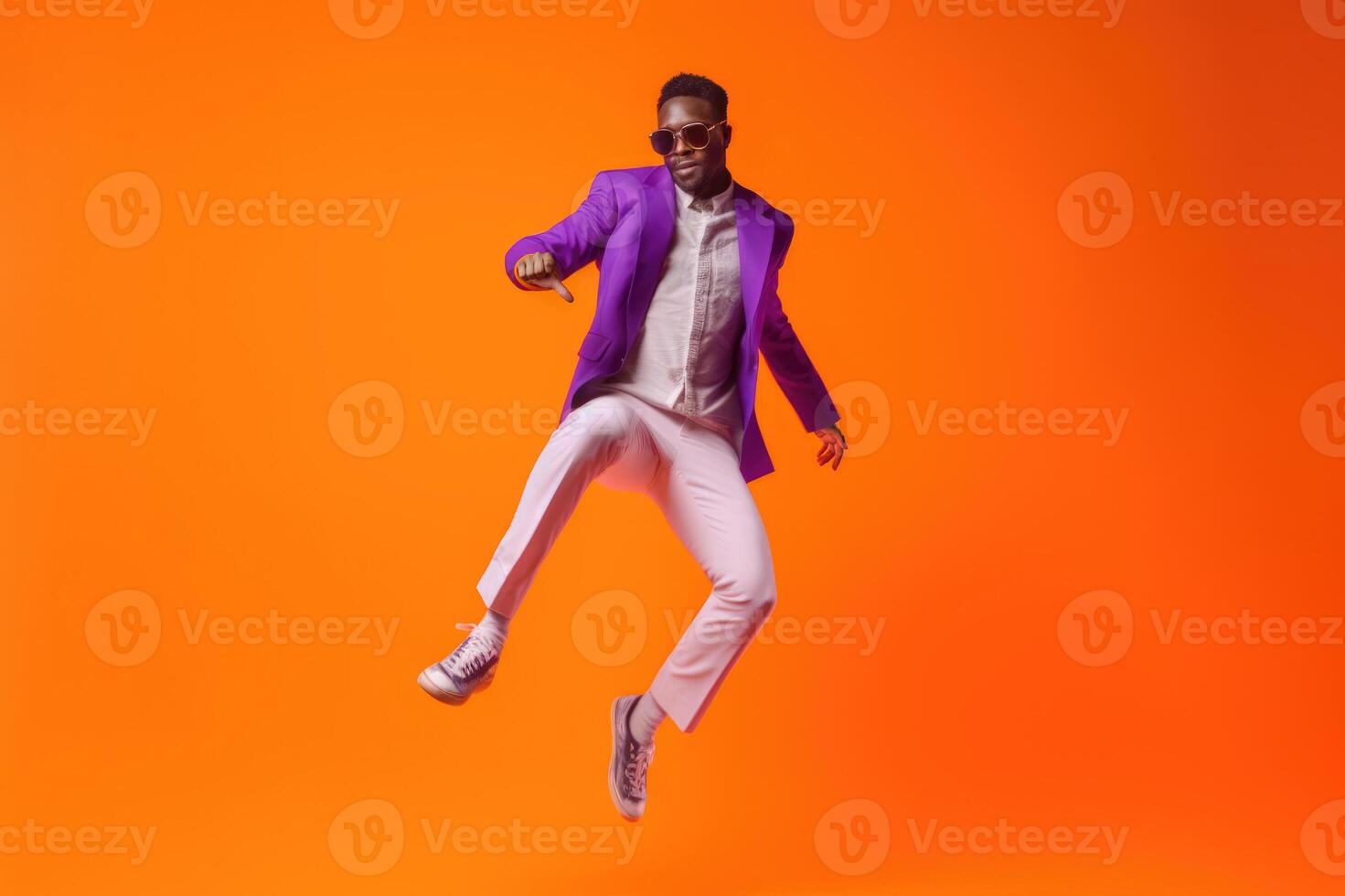 AI Generated Young energetic african man with sunglasses jumps on purple background photo