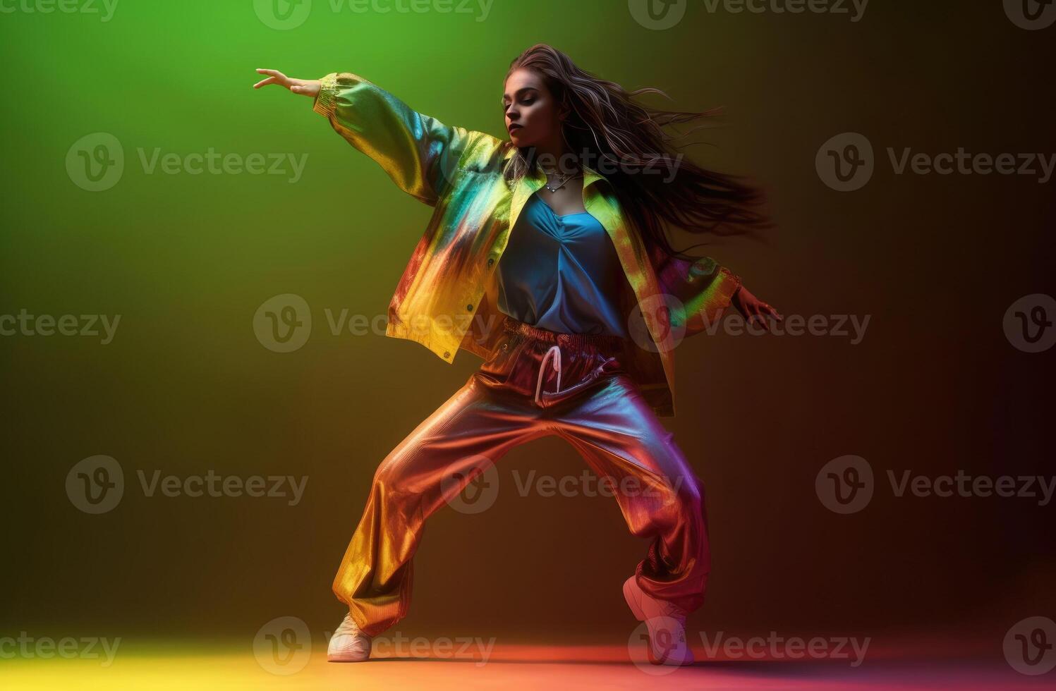 AI Generated Woman dancing on vibrant background photo