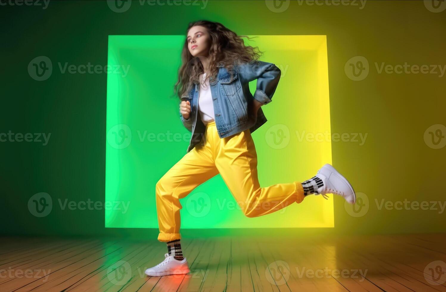 AI Generated Girl dance in colorful sneakers on yellow and light green background photo