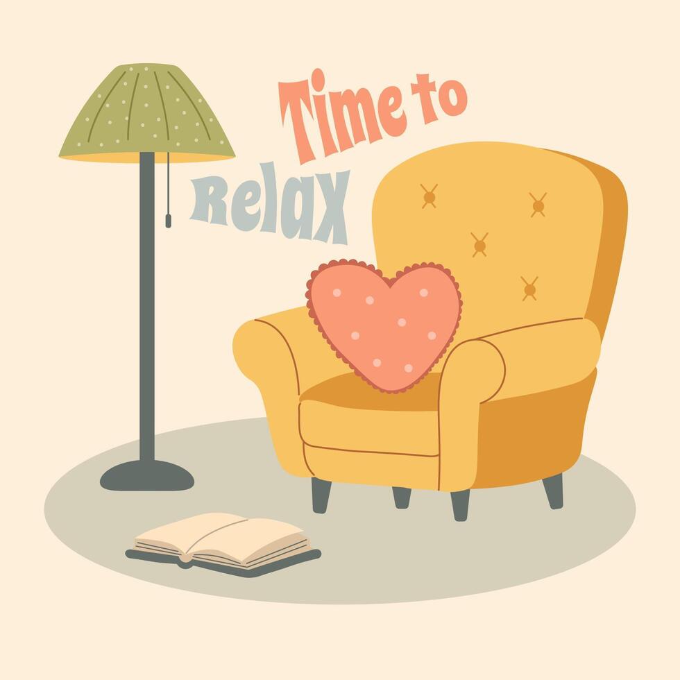 acogedor leyendo rincón con confortable silla, corazón almohada, piso lámpara, y abierto libro - Perfecto para hogar decoración y relajación temas vector