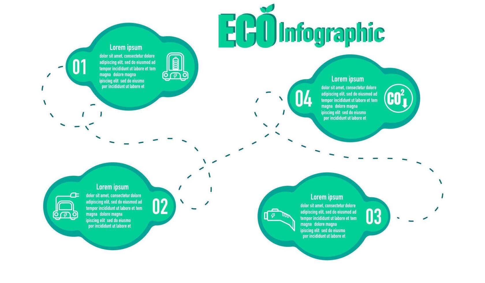 infografía 4 4 temas modelo para eco coche modelo para energía consumo sostenible. vector burbujas y icono elementos. ecología moderno reporte plan